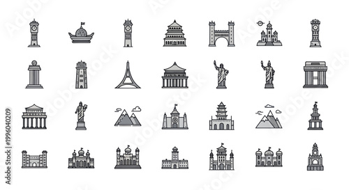 Famous Landmarks Collection: Global Icons, Travel Destinations, Architecture Vector Icons