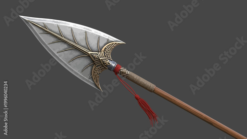 Ancient Spear Weapon with Ornate Blade and Red Tassel