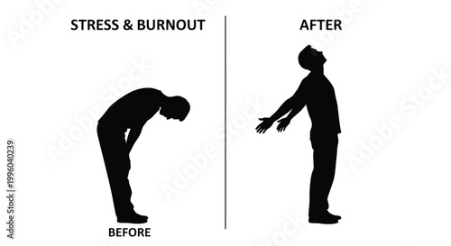 Stressed person silhouette bending forward versus a relaxed person stretching arms.
