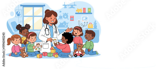 International Children’s Day pediatric doctor with kids playing and learning in hospital room vector illustration
