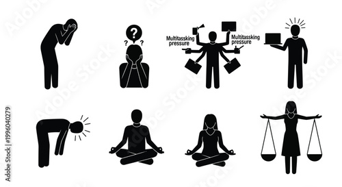 Set of icons representing human mental health issues including stress and burnout.
