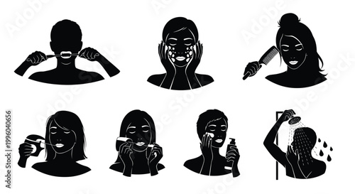 Morning grooming and skincare routine black silhouettes for daily personal care set.