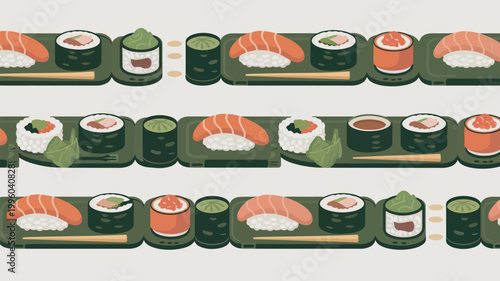 A variety of sushi and sashimi arranged on green plates with chopsticks and wasabi.
