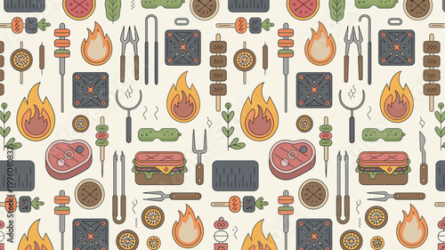 A colorful illustration of various grilled foods and cooking utensils on a beige background
