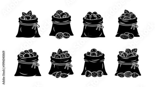 Set of Nuts in Sacks, Vector Icons and Illustrations, Healthy Food Concept