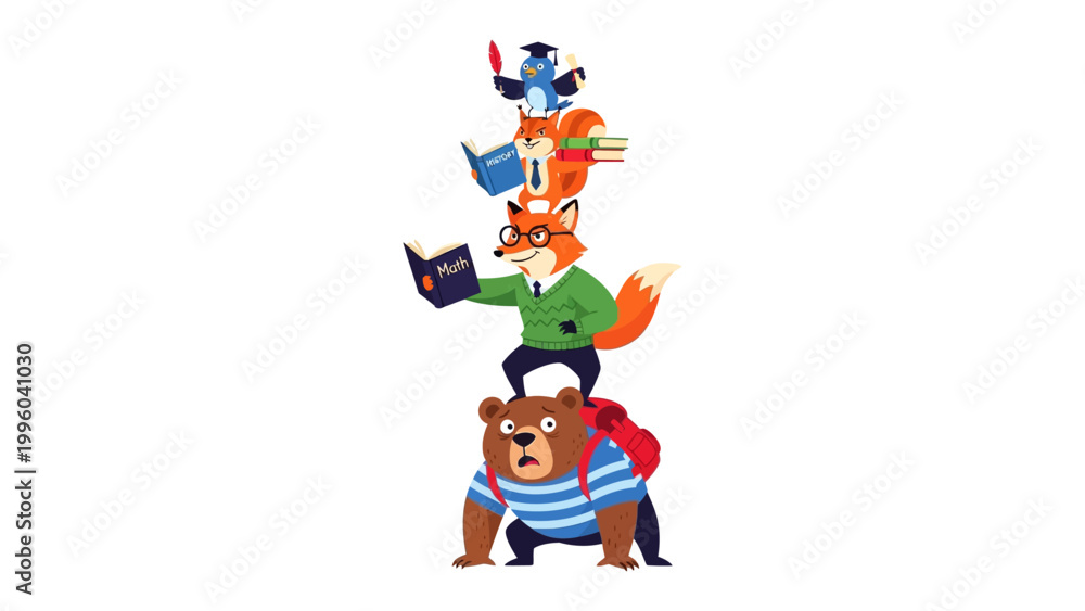 Obraz premium Stacking up the learning: A whimsical illustration showcases a bear, fox, and squirrel, each absorbed in their studies, forming a playful tower of knowledge.