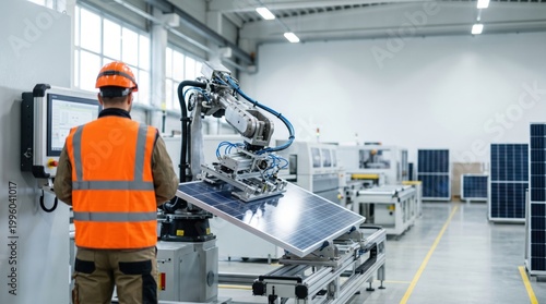 Factory automation robotic arm assembling solar panel in production facility renewable energy technology manufacturing industrial process control system worker supervising machine
