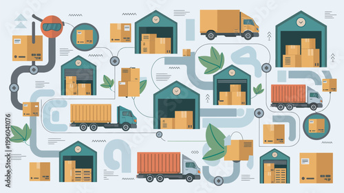 An infographic illustration showing a complex logistics and supply chain network with trucks, warehouses, and packages.