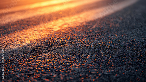 Wet asphalt road surface reflecting warm orange sunlight during sunset or sunrise with shallow depth of field