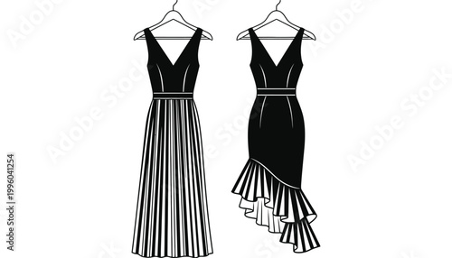 Dress vector illustrations of two elegant black and white evening gowns