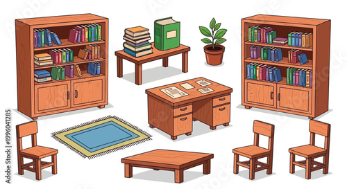 Cartoon illustration of a home office setup with bookshelves desk chairs and decorative elements