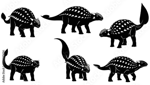 Ankylosaurus Dinosaur Silhouettes Collection, Prehistoric Reptile Vector Art