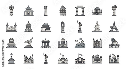 Photos Icon Set: Famous Landmarks and Architectural Styles Collection