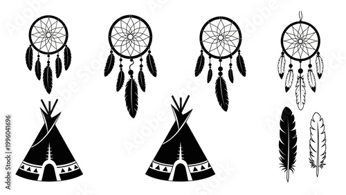 Dreamcatcher and Teepee Silhouette Icons - Native American Symbols
