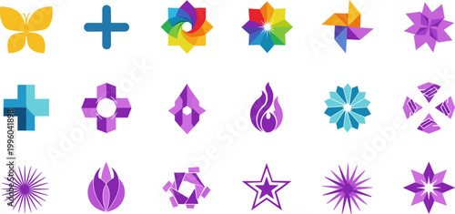 Abstract Geometric Shapes Icons Set with Spirals, Stars, Butterfly, Plus, and Modern Symbols for Art, Design, and Creative Graphics