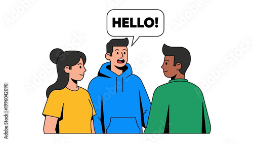 Photos Friendly Greetings: A vibrant illustration showcasing three diverse individuals engaged in a friendly exchange, with one person extending a warm Hello! in a speech bubble
