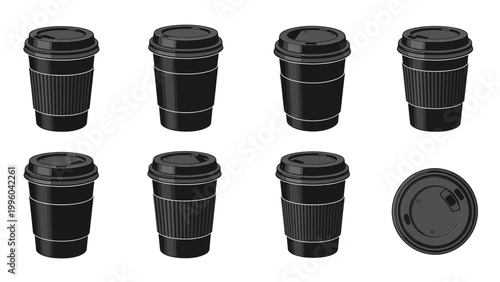 Set of Black Coffee Cups with Lids, Isolated on White Background
