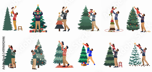 Illustrations of a father lifting his daughter to place a star on top of a Christmas tree, celebrating holiday traditions together.