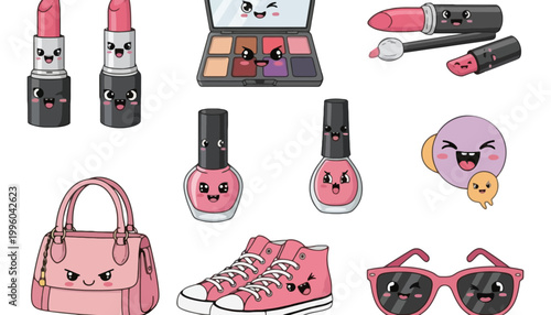 A cartoon kawaii makeup collection with cute face illustrations