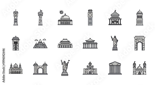 Icon Set: Famous Landmarks, Architecture, Travel and Tourism Symbols