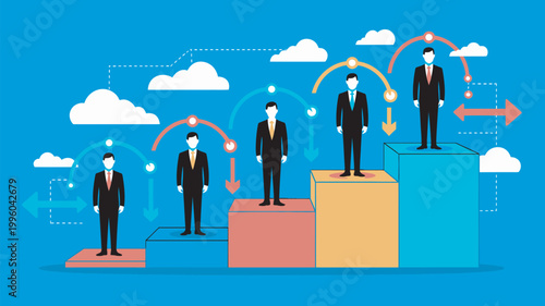 A group of businessmen standing on colorful blocks with arrows and clouds in the background, representing corporate growth and success.