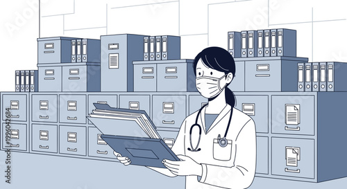 Doctor wearing mask in archive with files and cabinets, medical records, healthcare concept