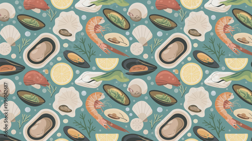A vibrant pattern of various seafood and shellfish on a teal background