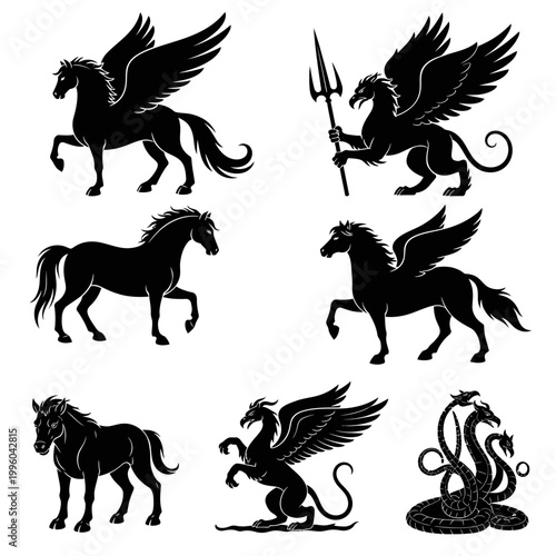 Mythical Creatures Silhouette Collection: Pegasus, Griffin, Hydra, and More