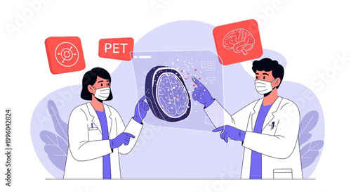 Doctors analyze brain PET scan, medical imaging, neuroscience research, healthcare innovation