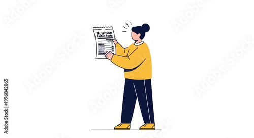 Woman holding nutrition facts label and checking health information on transparent.