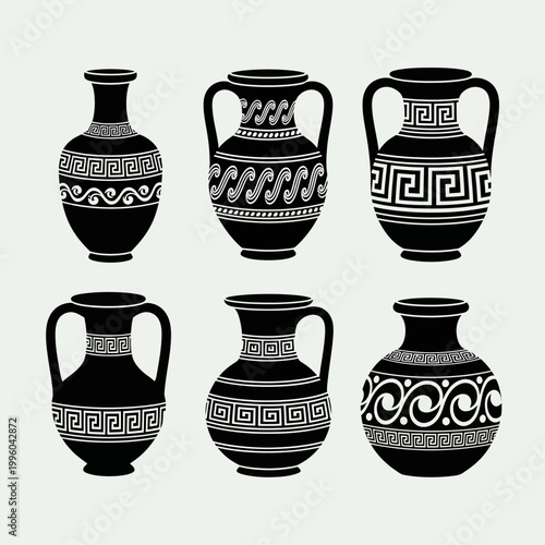 Ancient Greek Amphorae Collection: Black Silhouette Vases with Ornate Patterns