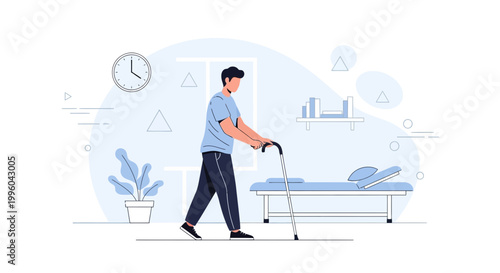 Elderly man with cane walking in rehabilitation center, physical therapy concept