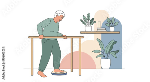 Elderly person practicing balance on a wobble board with parallel bars for support
