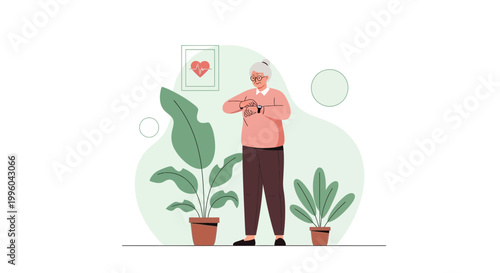 Elderly Woman Exercising at Home, Checking Smartwatch, Healthy Lifestyle