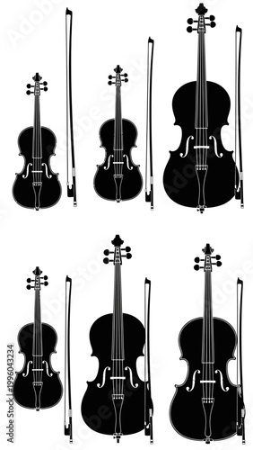 Silhouettes of Violins and Cellos with Bows, Music Instruments Collection