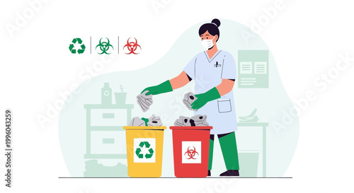 Healthcare worker in mask and gloves sorts medical waste into recycling and biohazard bins