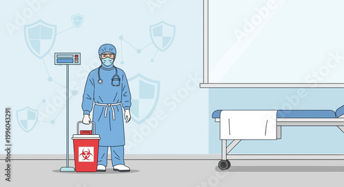 Healthcare worker in protective suit holding biohazard bin in hospital room
