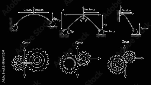 Physics Diagrams: Forces, Tension, Gears, and Mechanics