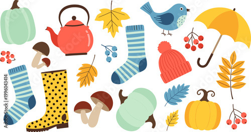 Autumn Season Icons Set with Pumpkin, Mushrooms, Umbrella, Socks, Leaves, Teapot, and Fall Accessories for Seasonal, Harvest, and Cozy Graphics