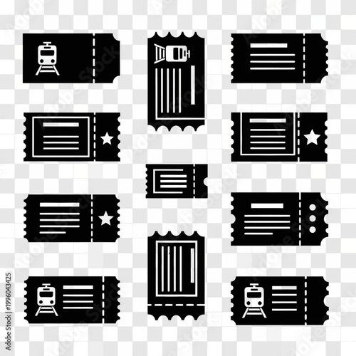 Collection of Black and White Train and Event Ticket Icons on Transparent Background