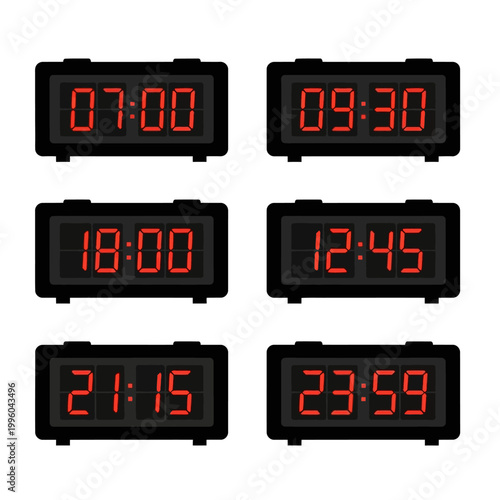 Digital Clocks Showing Different Times, Red LED Display, Isolated on White
