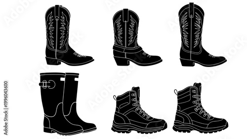 Collection of Black Boot Silhouettes: Cowboy, Work, and Hiking Styles