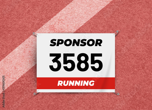 Running race bib mockup on athletics track texture. Ideal template to showcase a bib design. Editable vector illustration
