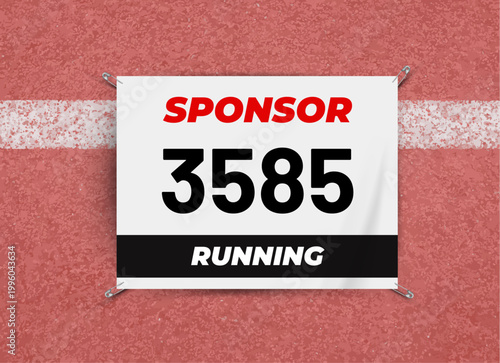 Running race bib mockup on athletics track texture. Ideal template to showcase a bib design. Editable vector illustration