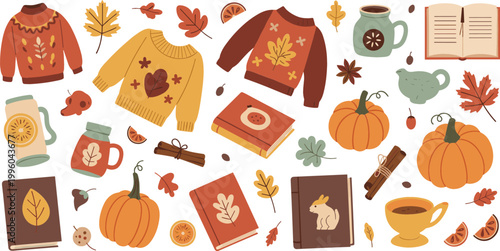 Autumn-Themed Vector Set with Sweaters, Pumpkins, Fall Leaves, Mugs, Books, and Cozy Seasonal Decorations