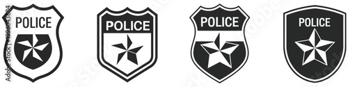 Police badge icon set, shield with officer star symbols, sheriff medal icons, law enforcement and security concept, authority and protection signs, modern flat vector design for apps, badges, and offi