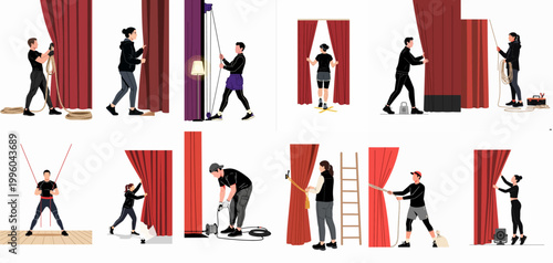 Flat vector illustrations set of stagehands and technicians working behind the scenes, managing curtains, ropes, and equipment for a theatrical production.