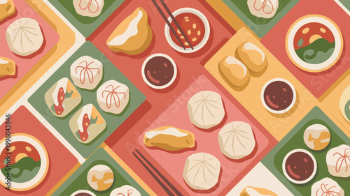 A vibrant and colorful illustration of various Asian dumplings and sauces on decorative plates and trays