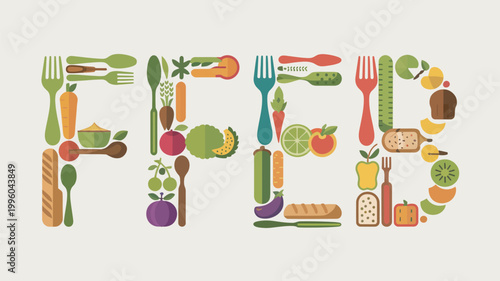 A colorful illustration of the word 'FEED' made up of various food items and utensils on a beige background