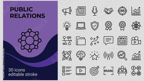 Public relations icons set with editable stroke including megaphone press microphone shield star graph and more  business communication symbols